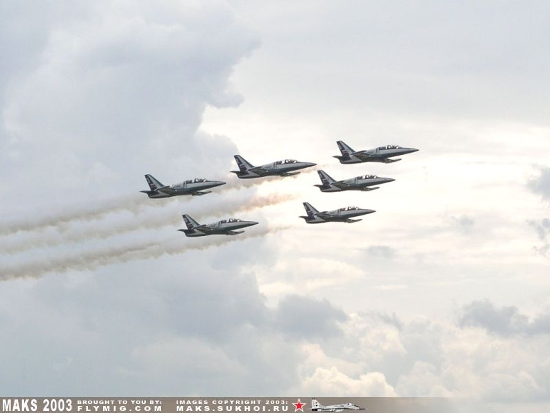 Six L-39 Albatroses in the air.