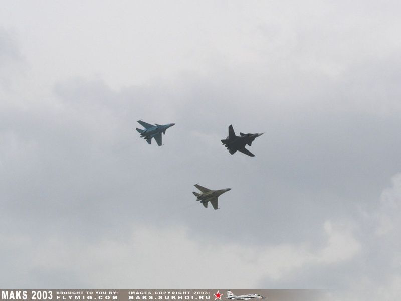 Su-27UB, Su-30MK and Berkut in the air.